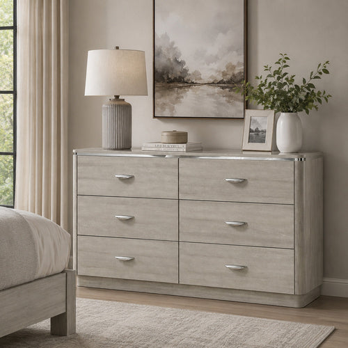 Fezi Wide Dresser | 6 Drawers | Silver Steel Finger Pulls | Dusty Gray