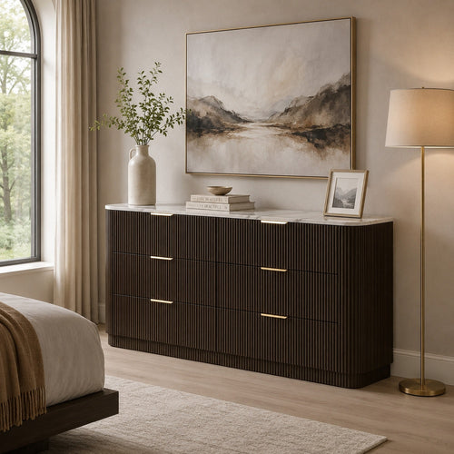 Lim Wide Dresser | 6 Drawers | White Faux Marble | Dark Walnut Brown