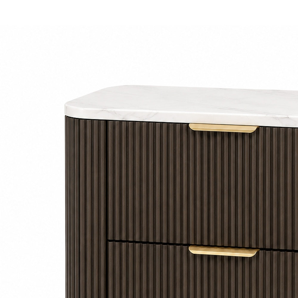 Lim Nightst& | 6 Drawers | White Faux Marble | Dark Walnut Brown