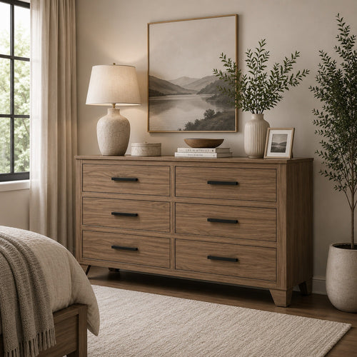 Pize Wide Dresser | 6 Drawers | Black Metal Linear Bar Pulls | Walnut Brown