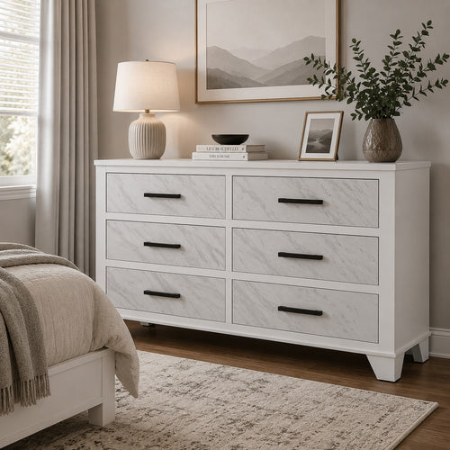 Feza Wide Dresser | 6 Drawers with Faux Marble Inset | Black Pulls | White