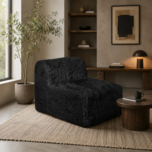 Appi Modular Armless Chair | Compressed Foam Fill Black Shaggy Faux Fur