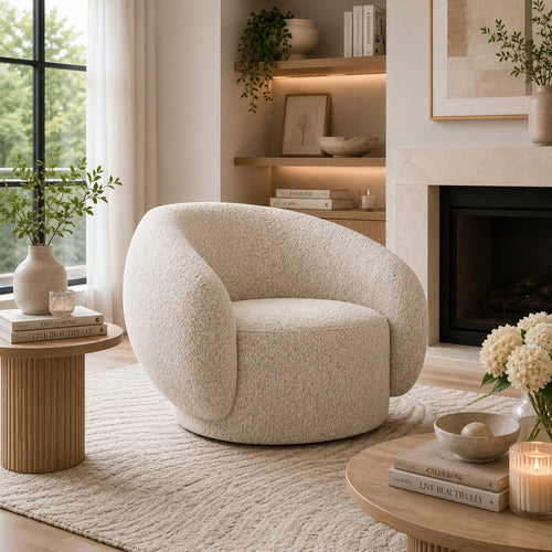 Freda Swivel Accent Chair with Sculpted Curved Profile | Beige Boucle