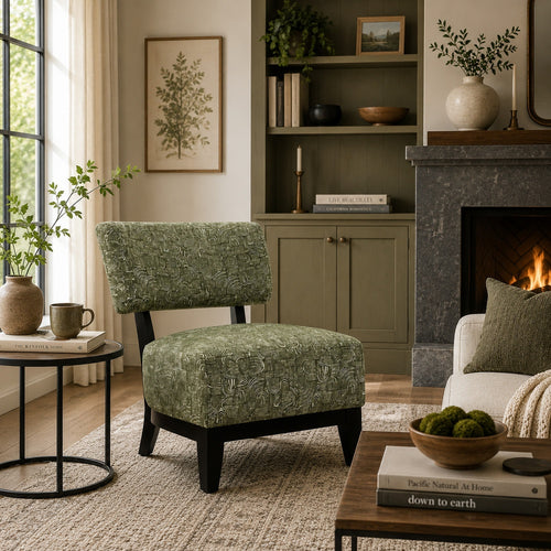 Beth Accent Chair with Angled Back | Black Wood | Green Abstract Fabric
