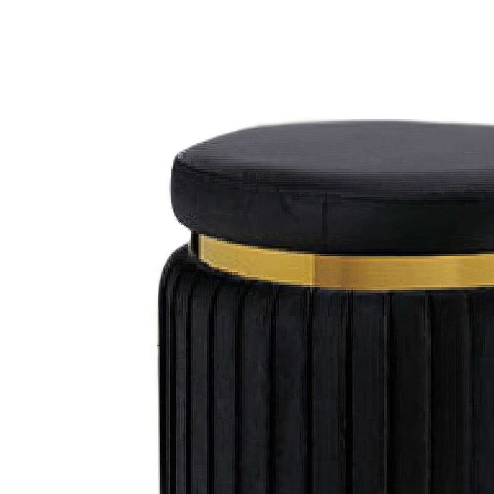 Karie Ottoman Stool | Gold Trim | Vertical Channel Design | Black Fabric