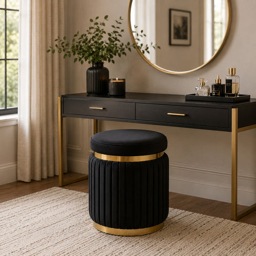 Karie Ottoman Stool | Gold Trim | Vertical Channel Design | Black Fabric