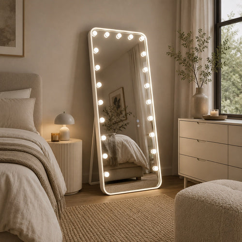 Samie LED Floor Mirror with Bluetooth | Touch Control | White Metal 32x71