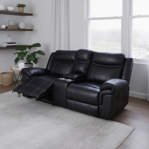 Arisa Manual Reclining Loveseat | Console & Cupholders | Black Faux Leather 79"