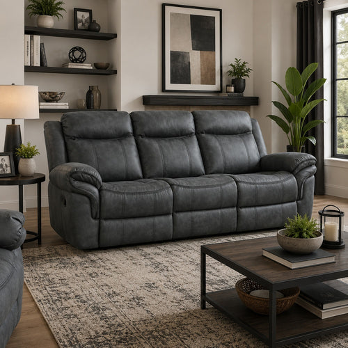 Arisa Manual Reclining Sofa | Drop-Down Table | Gray Faux Leather 87"
