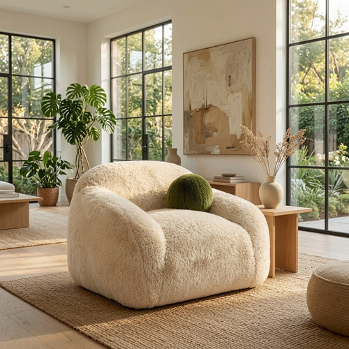 Dera Swivel Barrel Sofa Chair | Olive Green Pillow | S& Beige Faux Fur