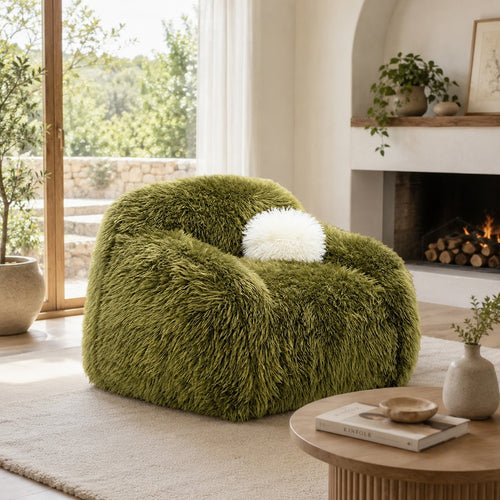 Dera Swivel Barrel Sofa Chair | White Pillow | Plush Green Faux Fur