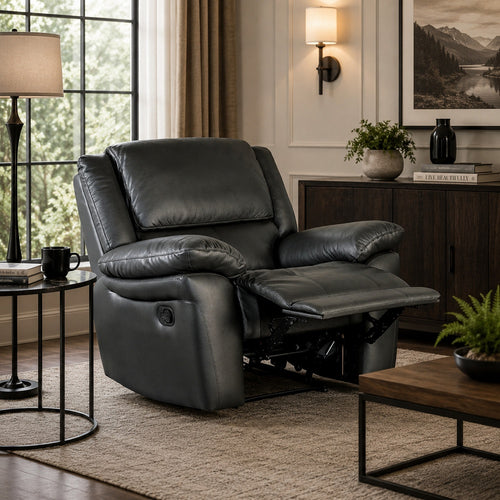 Larus Manual Motion Recliner Chair | Pillowed Arms | Black Faux Leather