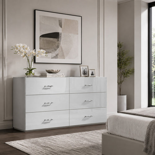 Soha Wide Dresser | 6 Drawers | Acrylic Chrome H&les | High Gloss White