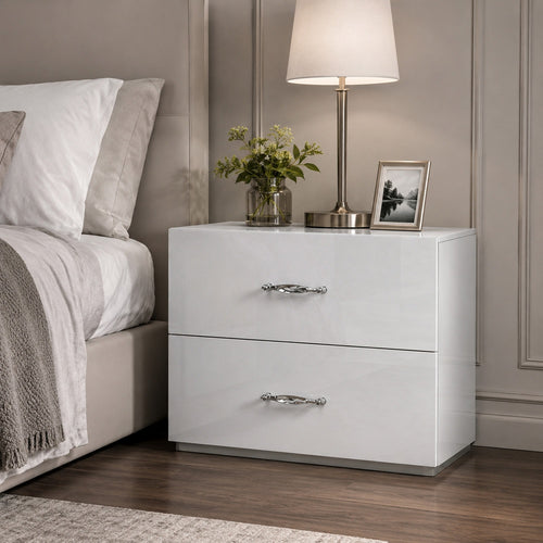 Soha Nightst& | 2 Drawers | Acrylic Chrome H&les | High Gloss White