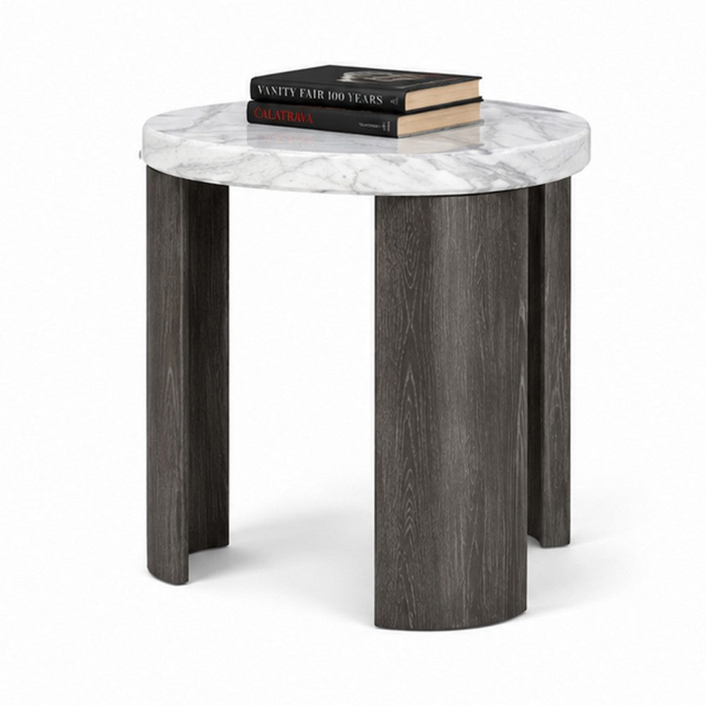 Lesy Side End Table | 24" Triangular Faux Marble Top | Gray White