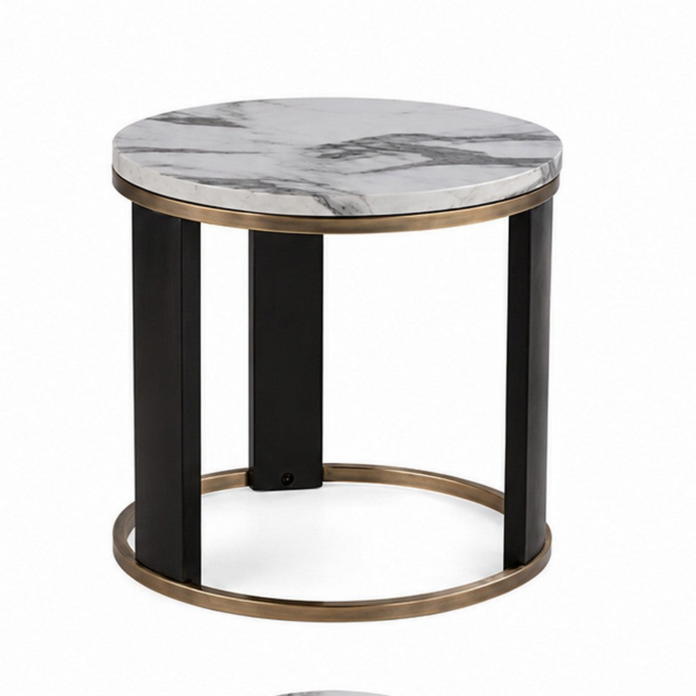 Besy Side End Table | 24" White Faux Marble | Gold Ring Base | Black
