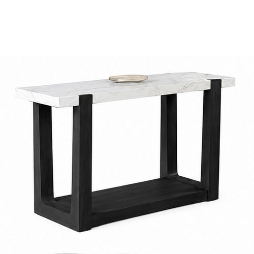 Sane Sofa Console Table | 50" White Faux Marble Top with Shelf | Black
