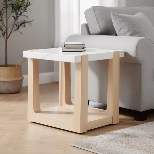 Sane Side End Table | 24" White Faux Marble Top with Shelf | Brown