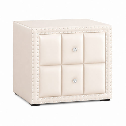 Fysa Nightst& | 2 Drawers | Crystal Knobs | Tufted Beige Upholstery