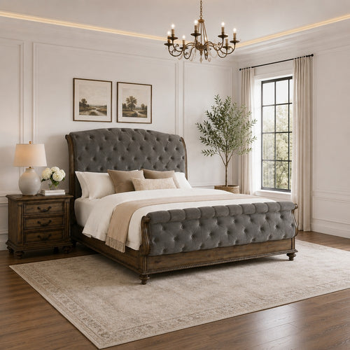 Queen Bedroom Set, Gray, Brown Wood, 2 Piece Set with Nightstand