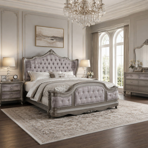 Ari King Bed | Wingback | Taupe Gray Velvet Upholstery | Traditional