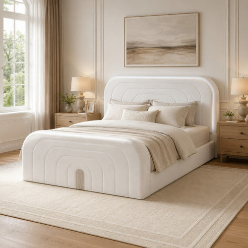 Kery King LED Bed | TV Cabinet | Fireplace | White Teddy Sherpa Upholstery