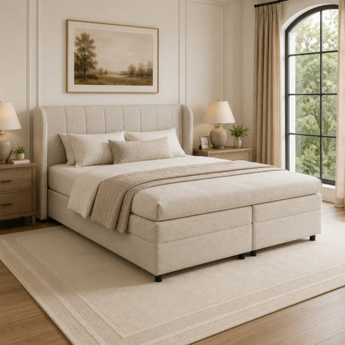 Koe Queen Storage Bed | Wingback | Channel Tufted Beige Chenille Upholstery