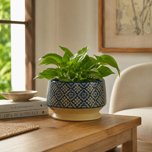 Hea Decorative Planter | Blue Gold Moroccan Pattern Footed Bowl | 10"