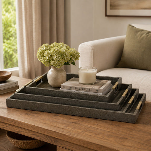 Koi 3pc Nested Serving Tray Set | Faux Shagreen Texture | Bronze Décor