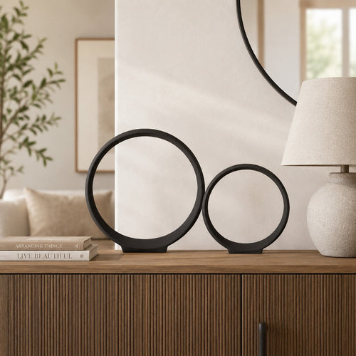 Circular Ring Sculpted Tabletop Décor Set of 2 | Matte Black Metal