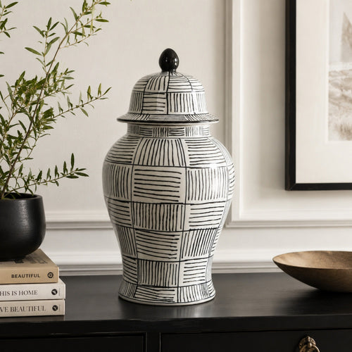 Loi Temple Jar with Lid | Black White Grid Pattern Ceramic | 17" Decor