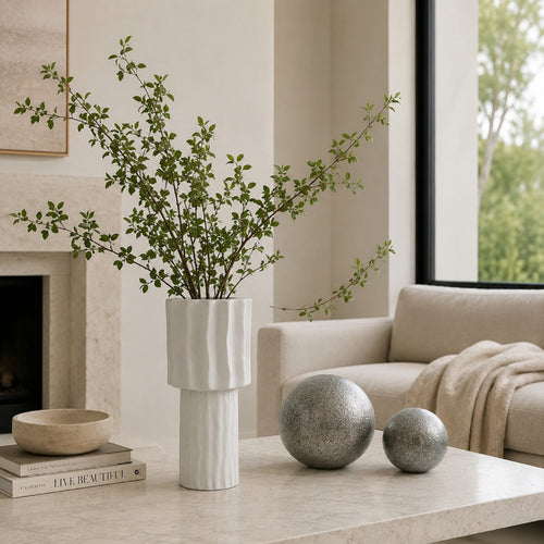 Asmi Decorative Vase | 2-Tier Design | Wavy Ribbed White Ceramic 14"