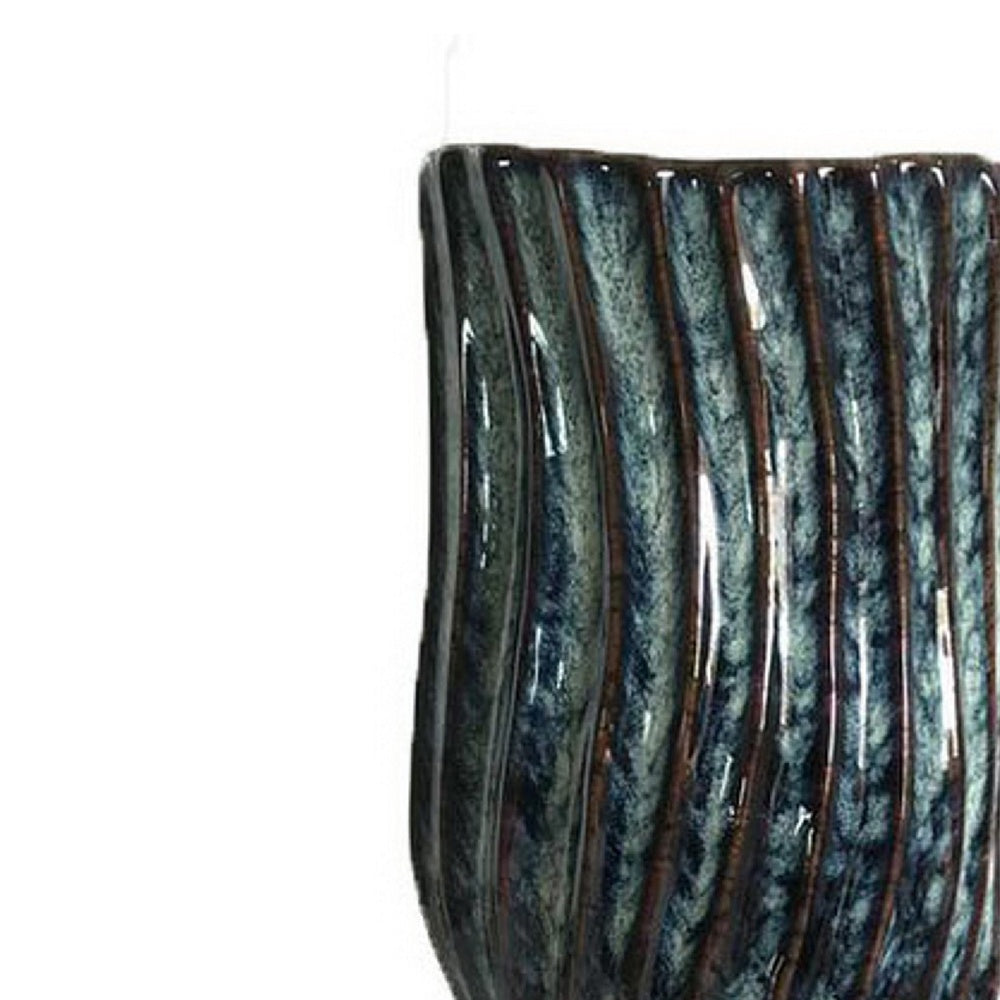 Decorative Vase | Fluted Hourglass Shape | Blue & Bronze Ceramic 16"