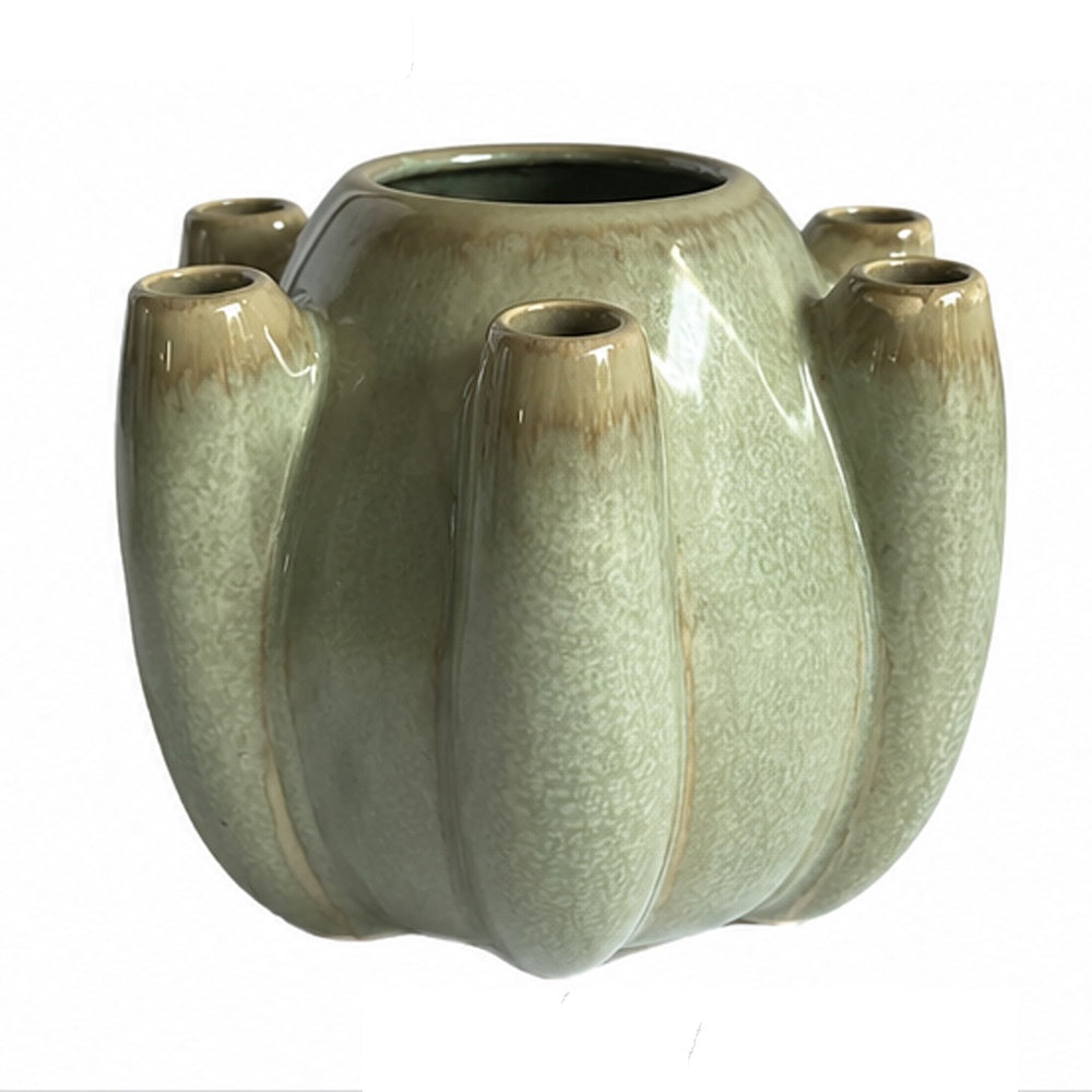 Tulipiere Vase | Crackled Texture | Sage Green & Brown Ceramic 9"
