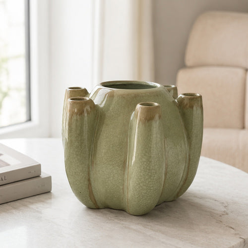 Tulipiere Vase | Crackled Texture | Sage Green & Brown Ceramic 9"