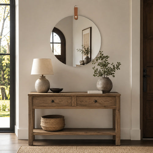 Decorative Wall Mirror | 20" Round Frameless | Brown Faux Leather Strap