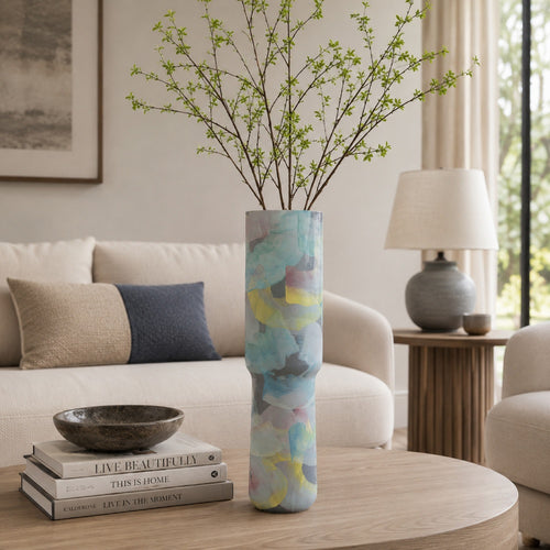 Riya Decorative Vase | Abstract Watercolor Art | Blue Ceramic 21"
