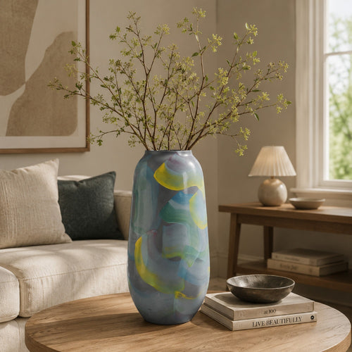 Riya Decorative Vase | Abstract Watercolor Art | Blue Ceramic 14"