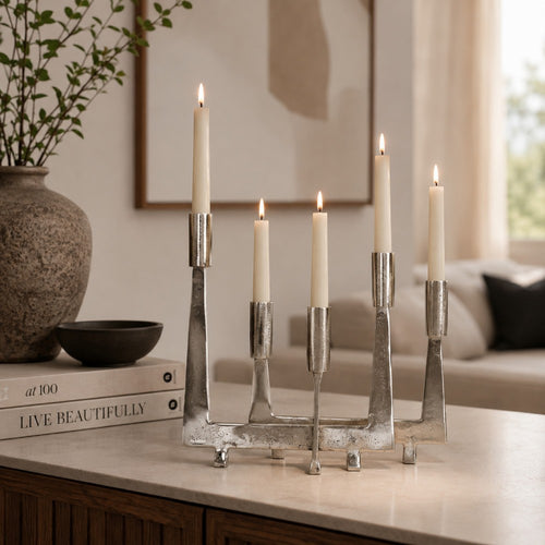 5 Arm C&le Holder | Asymmetrical Geometric Style | Silver Metal 16"
