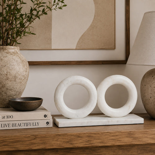 Hara Geometric Link Sculpture | 2 Circle Rings | White Marble 8"