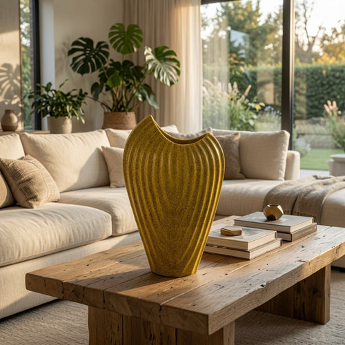 Kathy Decorative Vase | Asymmetrical Rim | Ribbed Yellow Ceramic 15"