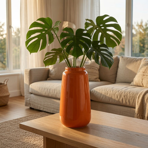 Decorative Vase | Cylindric Body | Narrow Top | Burnt Orange Ceramic 12"