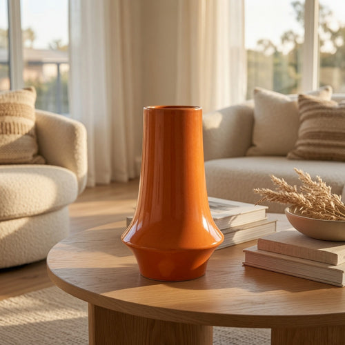 Seny Decorative Vase | Narrow Neck | Flared Base | Orange Ceramic 12"