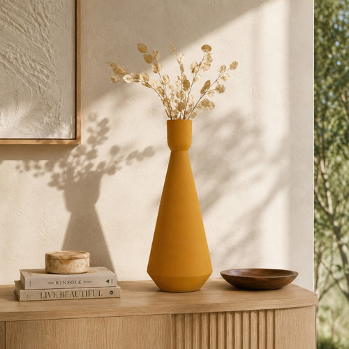 Decorative Vase | Flared Rim | Angular Edges | Mustard Yellow Ceramic 15"
