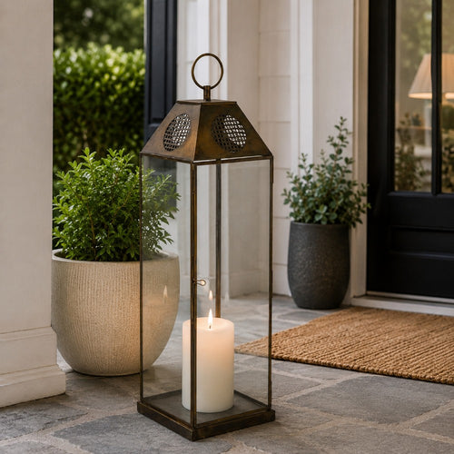 Greg Glass Lantern with Vented Top | Ring H&le | Bronze Metal 28"