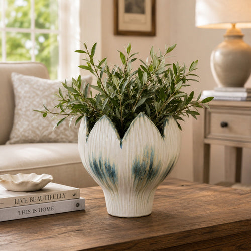 Siena Decorative Planter with Petal Edge Design | White-Green Ceramic 10"