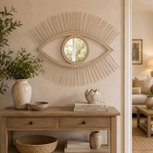 Ruhy Decorative Wall-Mounted Mirror with Eye-Shape Design | White Wood