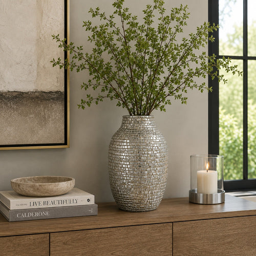Jenna Decorative Vase with Brick-Like Patterns | Silver Textured Resin