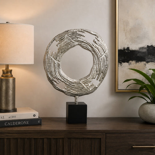 Steve Abstract Ring Sculpture with Black Pedestal St& | Textured Silver