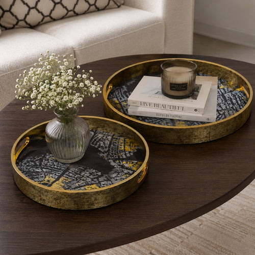 Archy Round Tray | Set of 2 | Abstract Patterns | Black-Gold Polyurethane